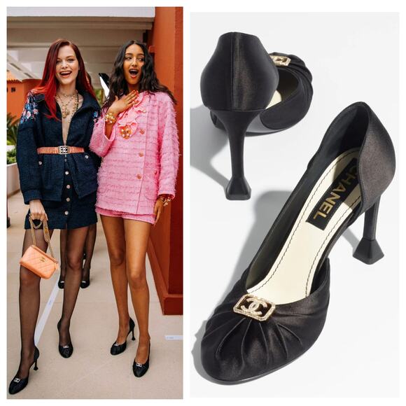 Chanel Resort 2023 CC Interlocking Crystal Logo Satin D'Orsay Pumps - Picture 1 of 16